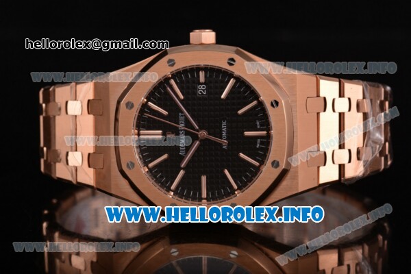 Audemars Piguet Royal Oak 41 MM Clone AP Calibre 3120 Automatic Rose Gold Case/Bracelet with Black Dial and Stick Markers - 1:1 Original (JF) - Click Image to Close